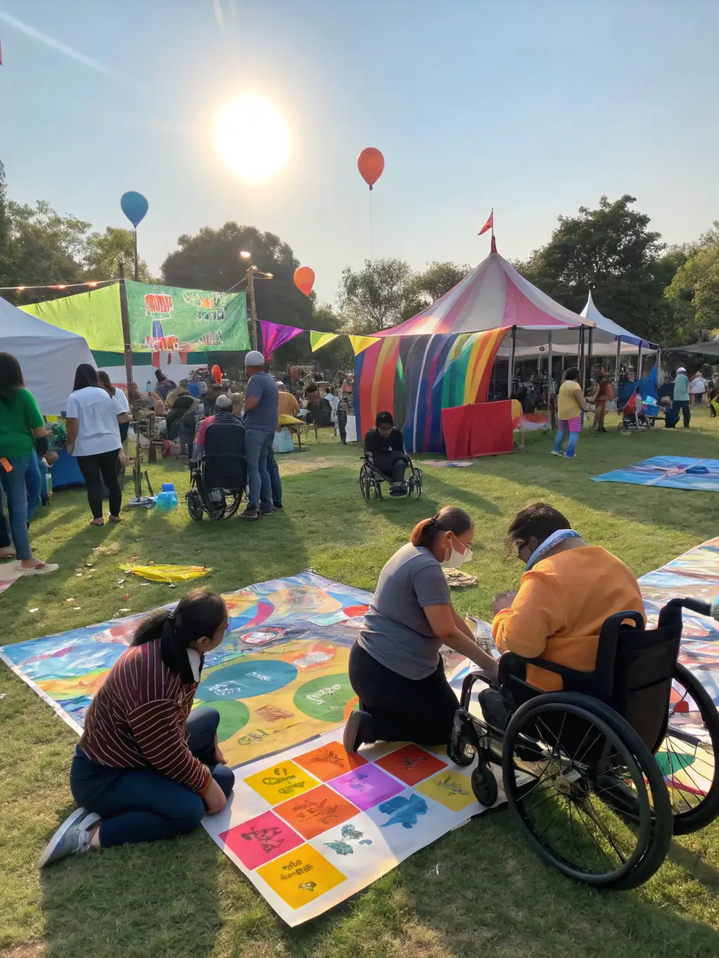 A joyful scene of people with disabilities participating in adapted sports activities, supported by volunteers, with visible accessibility features and inclusive sports equipment. This image will be used to highlight the organization's commitment to inclusivity.