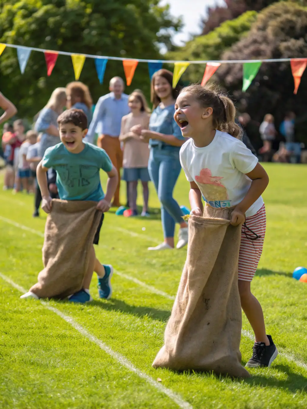 A vibrant scene of children and adults participating together in a local multi-sport event on a sunny day, with banners displaying Olympic rings and community volunteers cheering. This image will be used to illustrate the inclusive and energetic atmosphere of CDOS COMITE DEPART OLYMPIQUE ET SPORTIF's community sports programs.