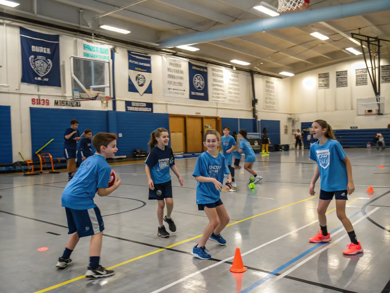 A dynamic image of young athletes receiving mentorship from experienced coaches, with training equipment and motivational posters in the background, highlighting a supportive and energetic environment.