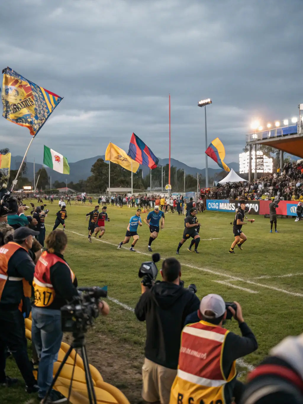 A festive gathering at an outdoor regional sports festival, with athletes in colorful uniforms, families in attendance, and Olympic-themed decorations. The image will be used to showcase large-scale community events.