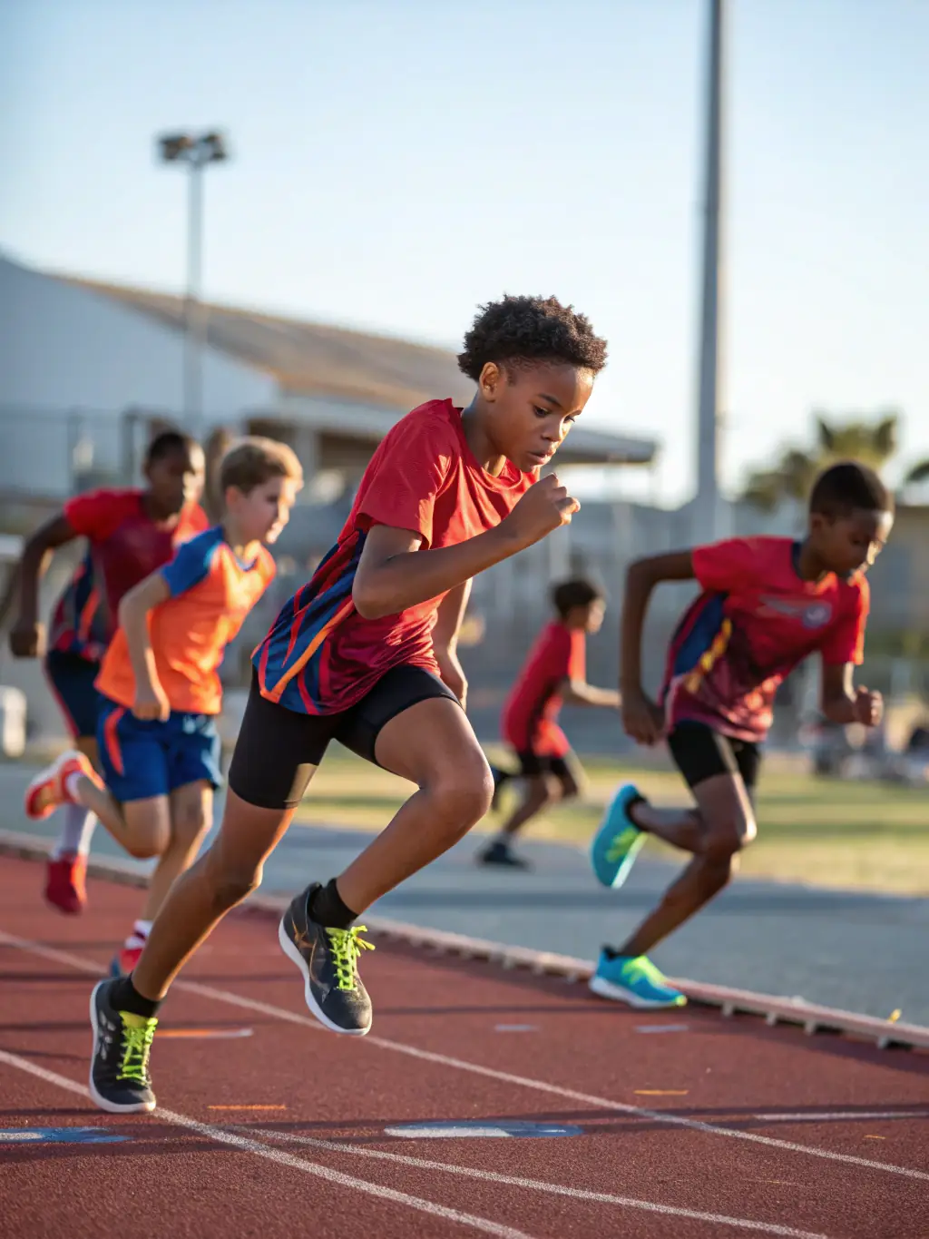 A group of teenagers and young adults training on an athletics track, guided by an experienced coach, with motivational signage in the background. The image will be used to represent youth development and mentorship initiatives.