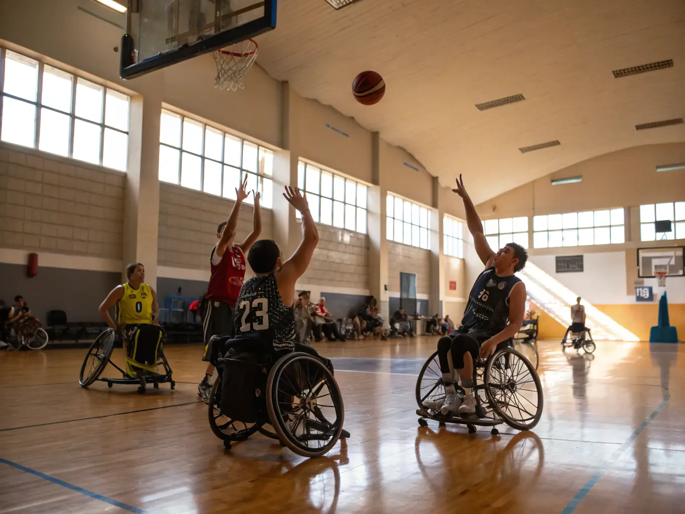 A heartwarming scene of people with disabilities participating in adapted sports activities, with volunteers assisting and spectators cheering, set in an accessible indoor sports facility.