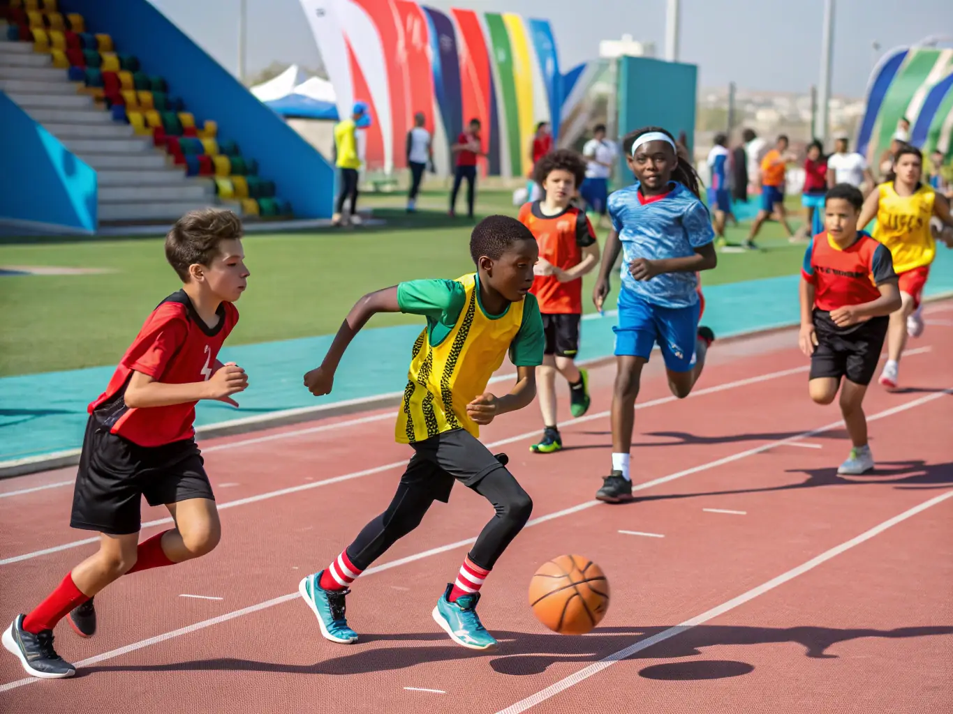 A vibrant outdoor scene showing children and teenagers participating in a multi-sport event, with coaches guiding them and banners displaying Olympic rings, set in a local stadium during a sunny day.